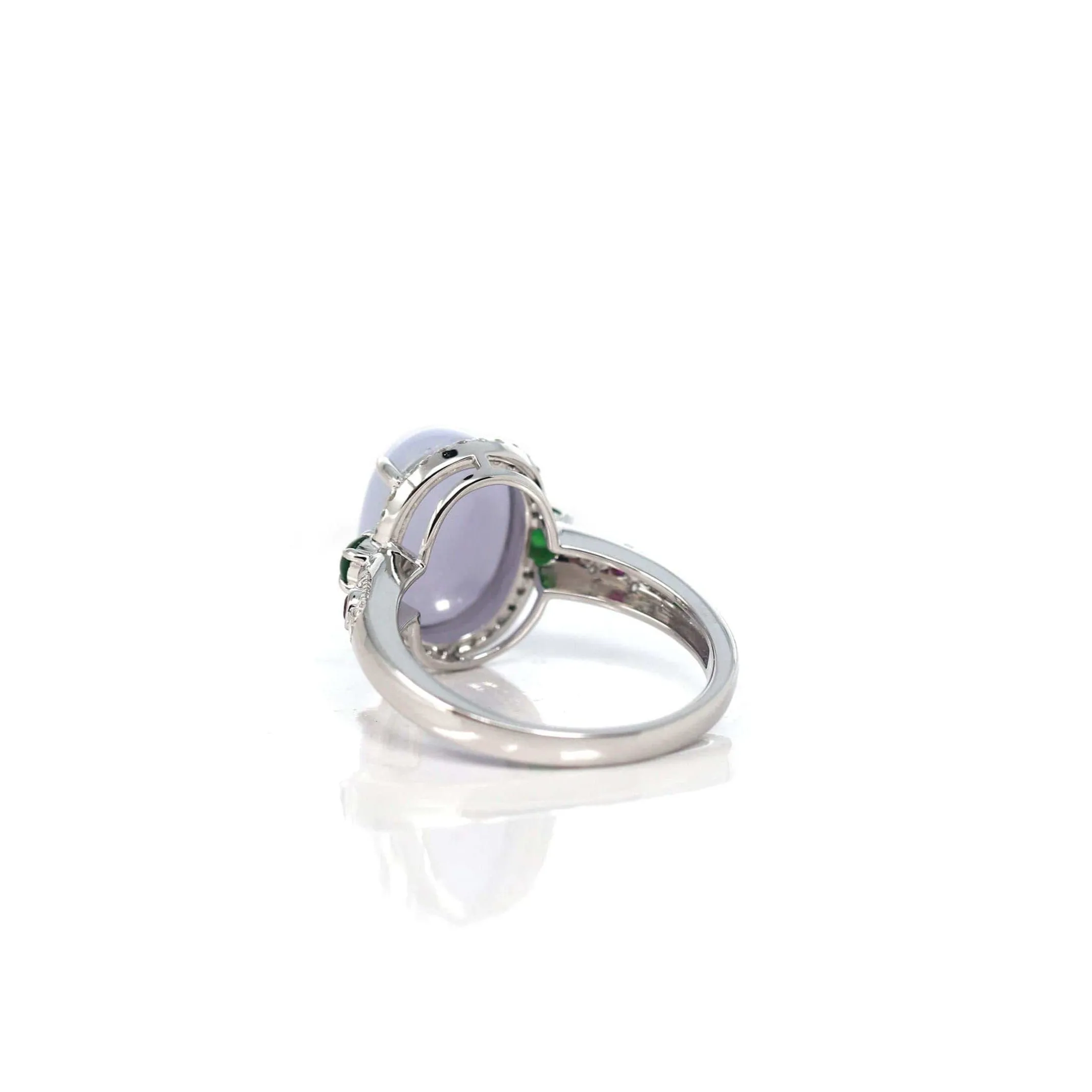 14k White Gold Natural Rich Lavender Oval Jadeite Jade Engagement Ring With Diamonds