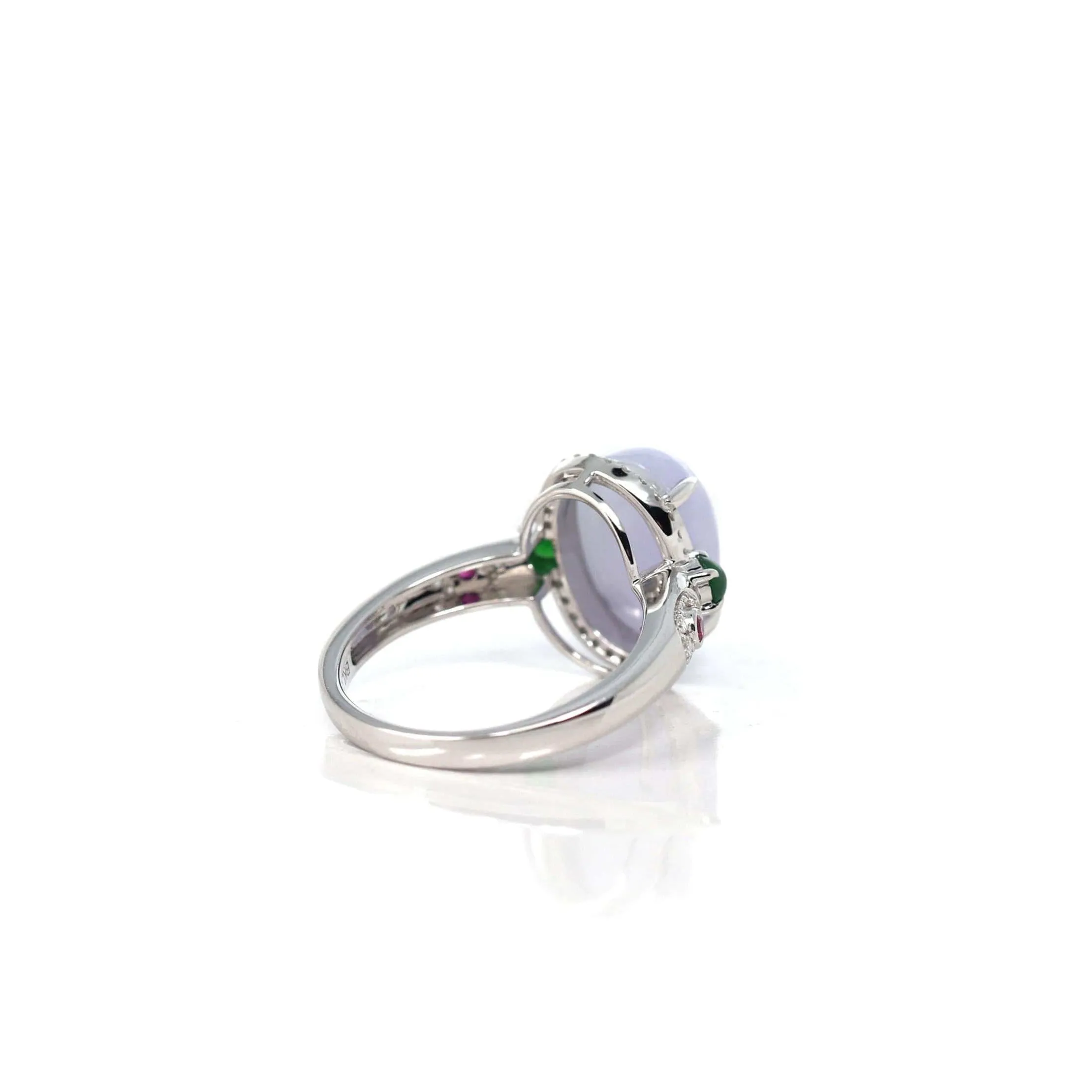 14k White Gold Natural Rich Lavender Oval Jadeite Jade Engagement Ring With Diamonds