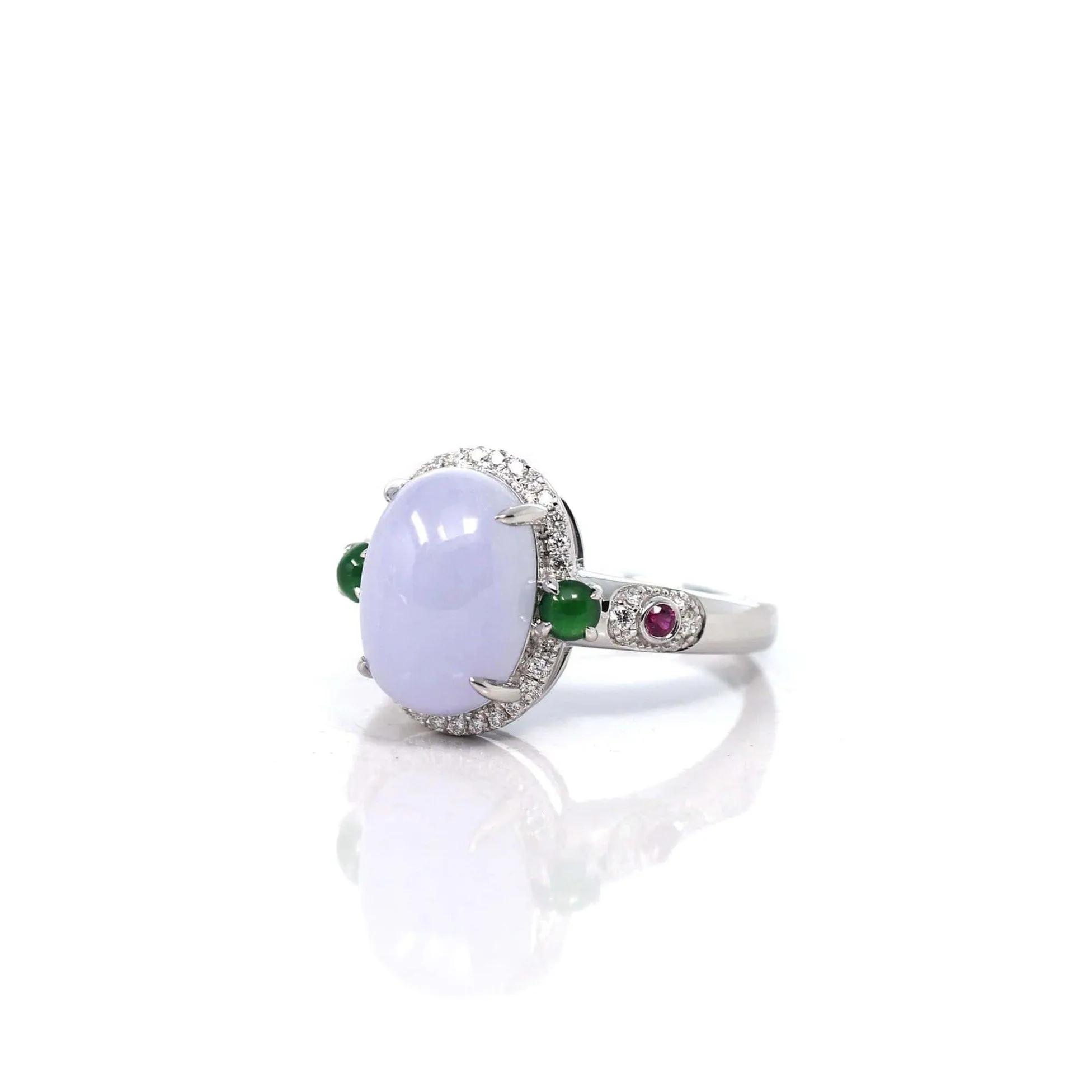 14k White Gold Natural Rich Lavender Oval Jadeite Jade Engagement Ring With Diamonds