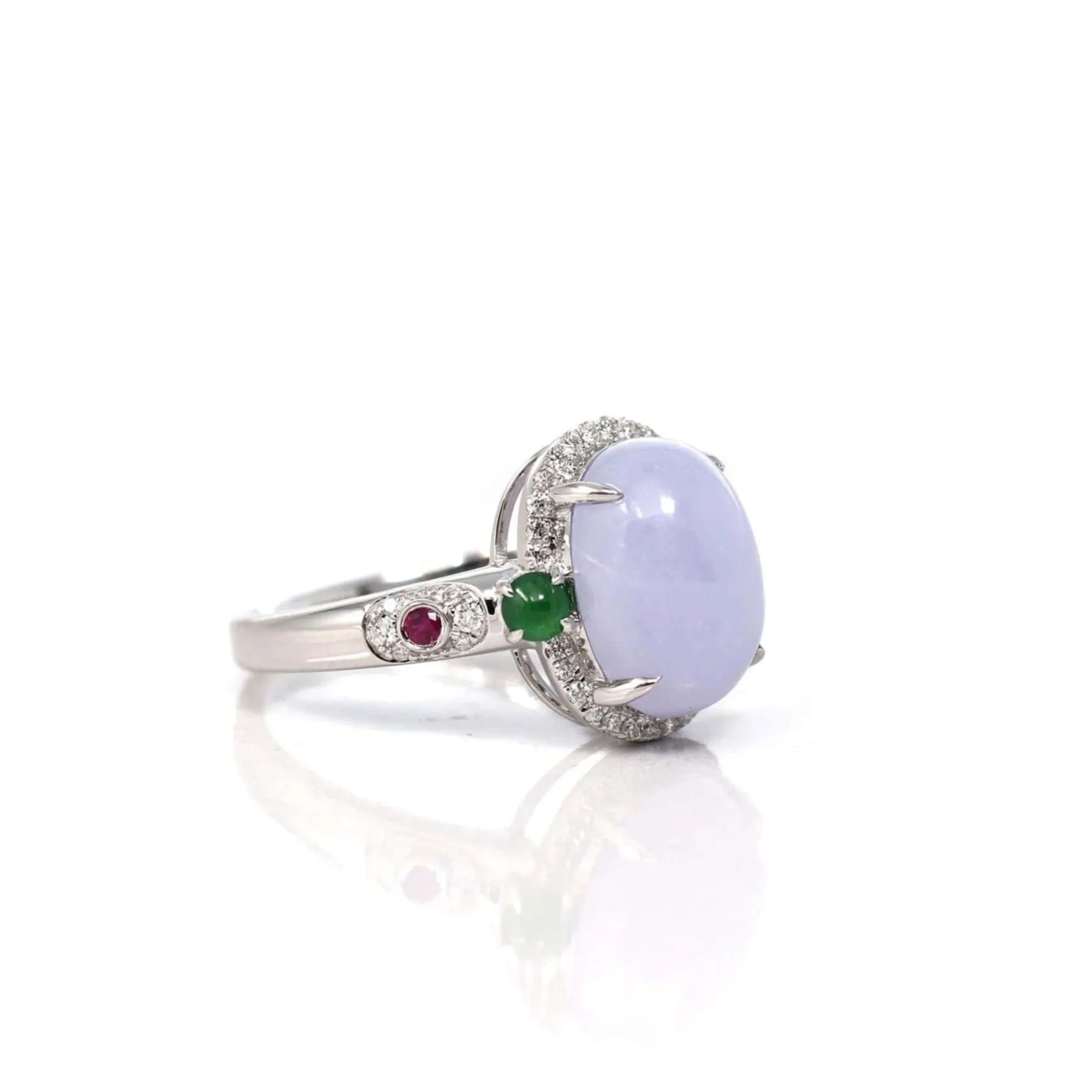 14k White Gold Natural Rich Lavender Oval Jadeite Jade Engagement Ring With Diamonds