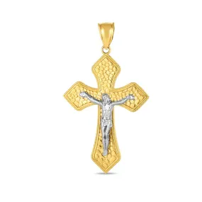 14K Yellow And White Gold Texture Jesus Cross Charm Pendant