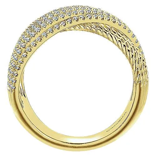 14K Yellow Gold Wide Twisted Rope and Diamond Channel Criss Cross Ring