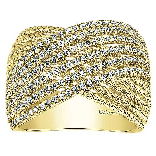 14K Yellow Gold Wide Twisted Rope and Diamond Channel Criss Cross Ring