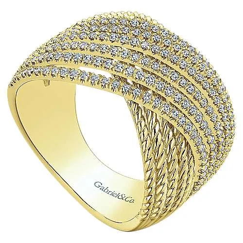 14K Yellow Gold Wide Twisted Rope and Diamond Channel Criss Cross Ring