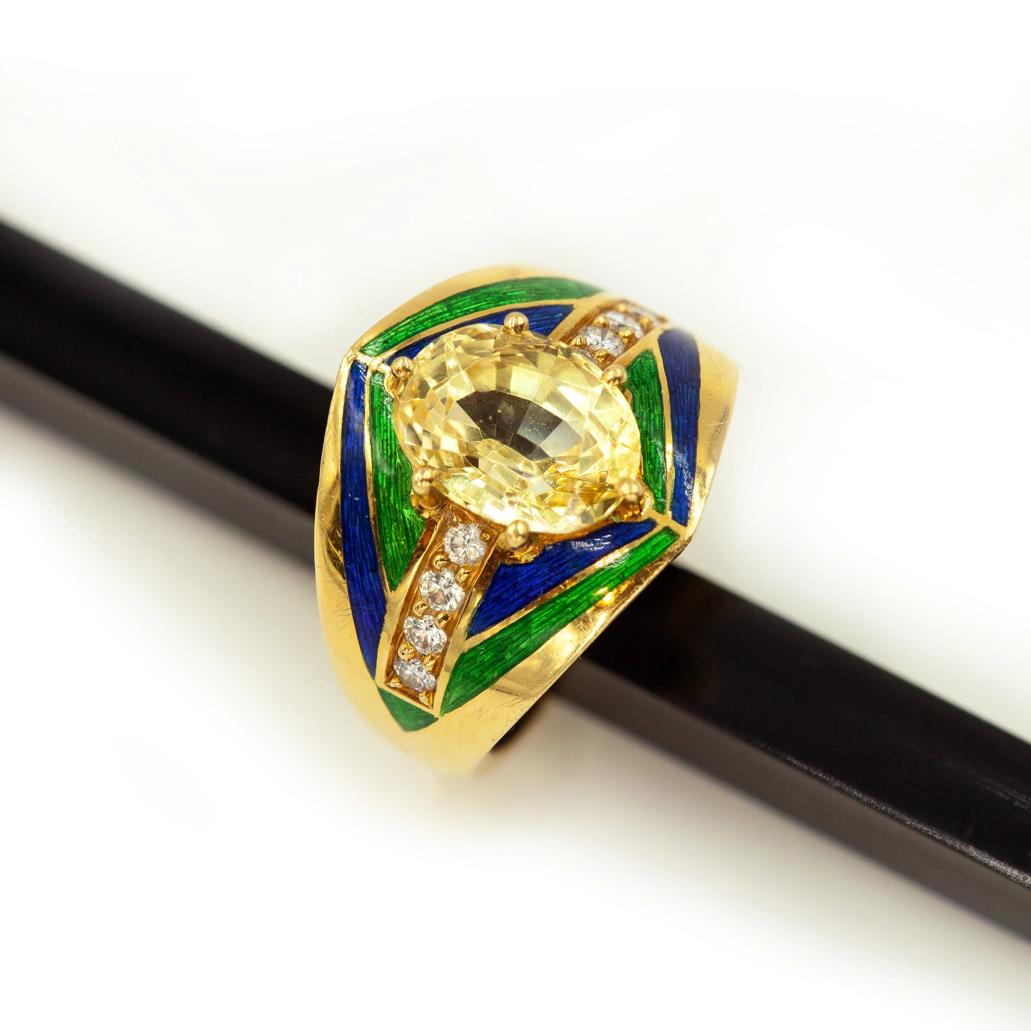 18kt Yellow Gold Sapphire and Diamond Enamel Ring