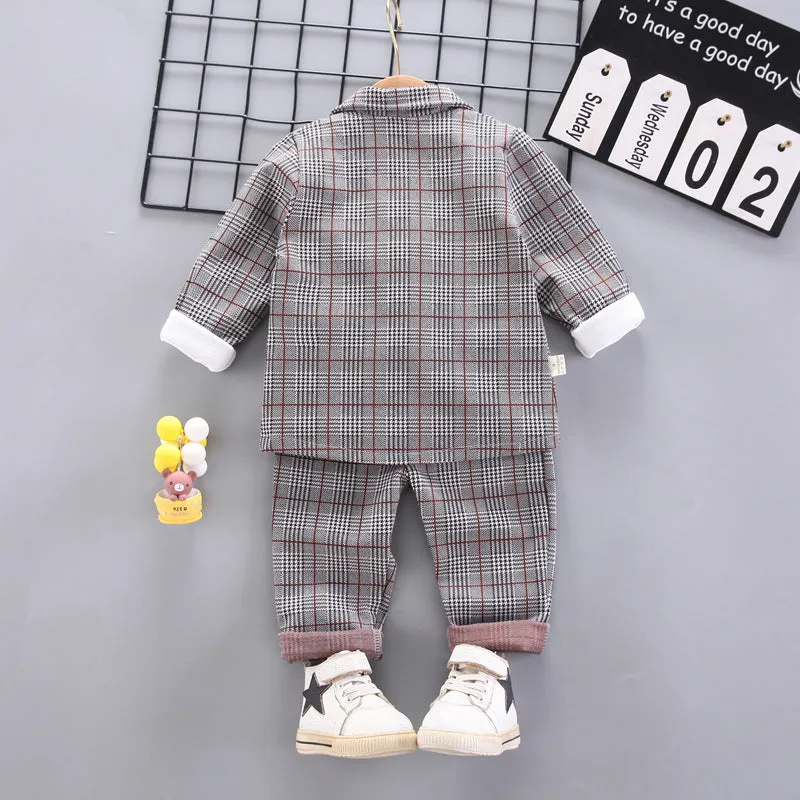 9-24Months Baby Boys Vest False 2-Piece Set Of Tops Bottoming Shirt And Fine Plaid Jacket And Pants 3-Piece Sert Wholesale Childrens Clothing In Bulk