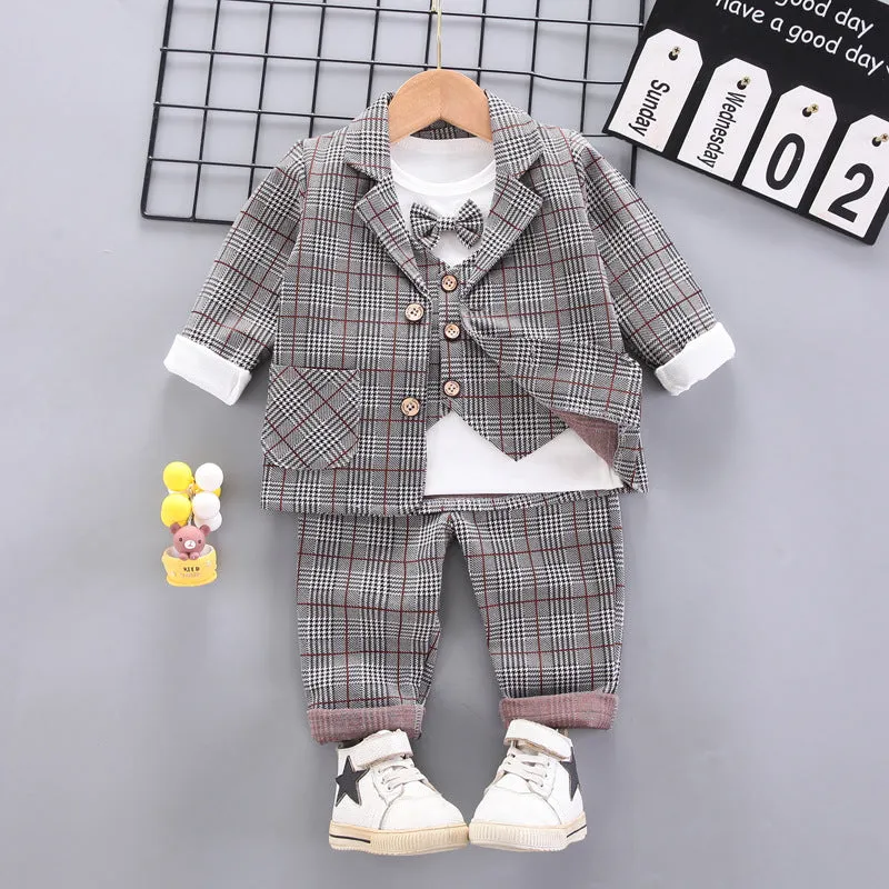 9-24Months Baby Boys Vest False 2-Piece Set Of Tops Bottoming Shirt And Fine Plaid Jacket And Pants 3-Piece Sert Wholesale Childrens Clothing In Bulk