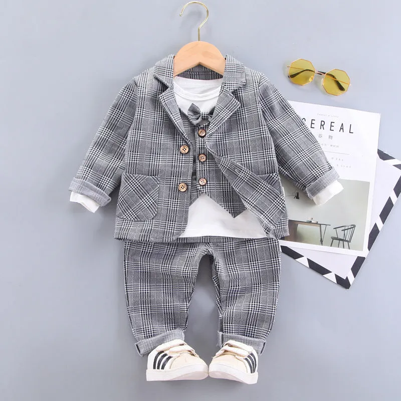 9-24Months Baby Boys Vest False 2-Piece Set Of Tops Bottoming Shirt And Fine Plaid Jacket And Pants 3-Piece Sert Wholesale Childrens Clothing In Bulk