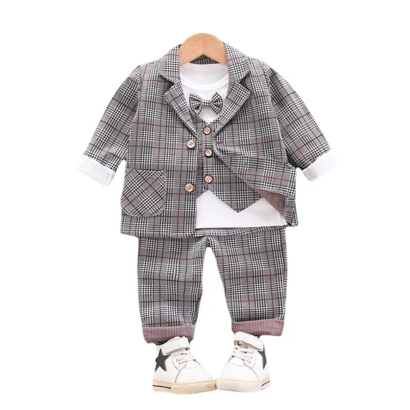 9-24Months Baby Boys Vest False 2-Piece Set Of Tops Bottoming Shirt And Fine Plaid Jacket And Pants 3-Piece Sert Wholesale Childrens Clothing In Bulk