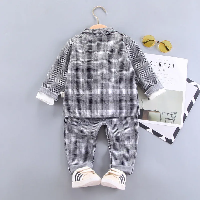 9-24Months Baby Boys Vest False 2-Piece Set Of Tops Bottoming Shirt And Fine Plaid Jacket And Pants 3-Piece Sert Wholesale Childrens Clothing In Bulk