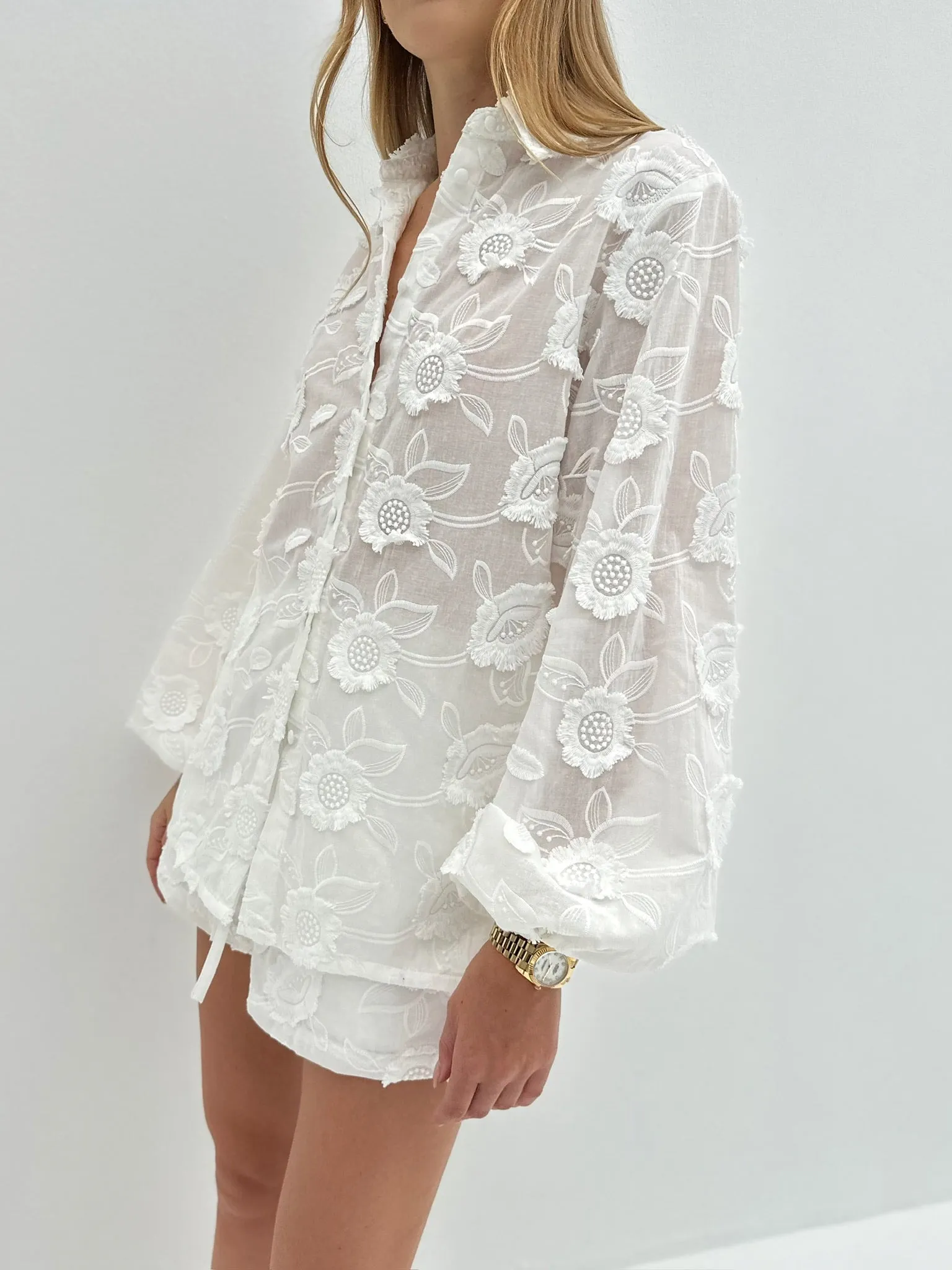 Adelina Cotton Applique Day Shirt | White