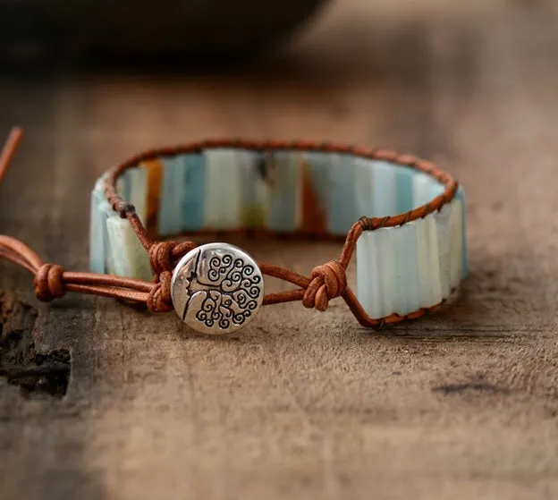 Amazonite Tubestone Leather Cuff Bracelet