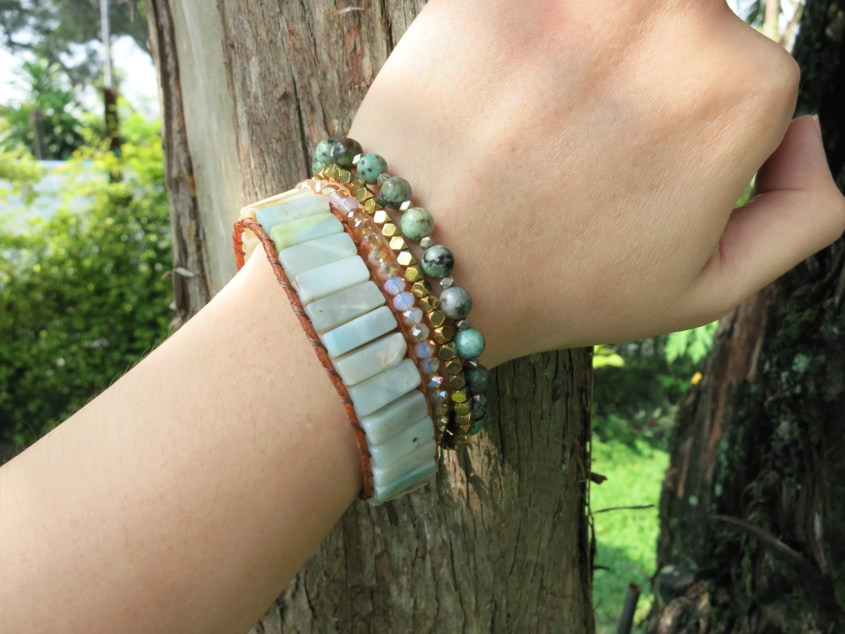 Amazonite Tubestone Leather Cuff Bracelet