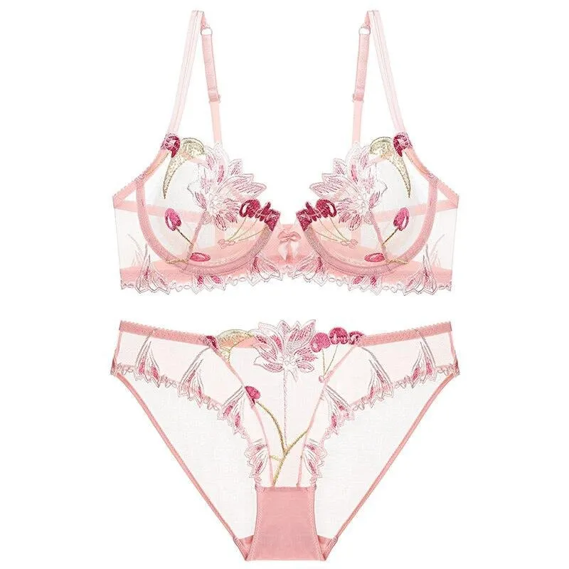 Années 60 Ensemble Soutien-Gorge et Culotte Brodé Cerise