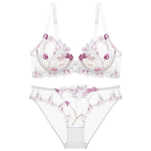 Années 60 Ensemble Soutien-Gorge et Culotte Brodé Cerise