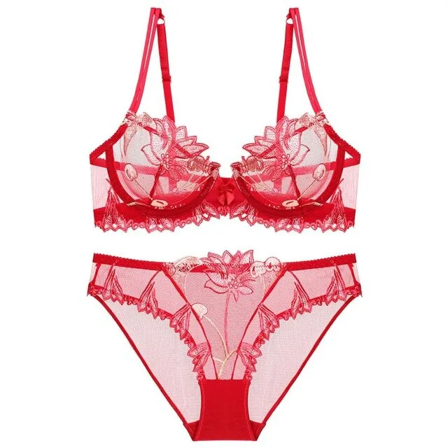 Années 60 Ensemble Soutien-Gorge et Culotte Brodé Cerise