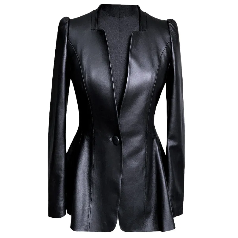 Années 80 Veste de Blazer Peplum Cuir Végétal