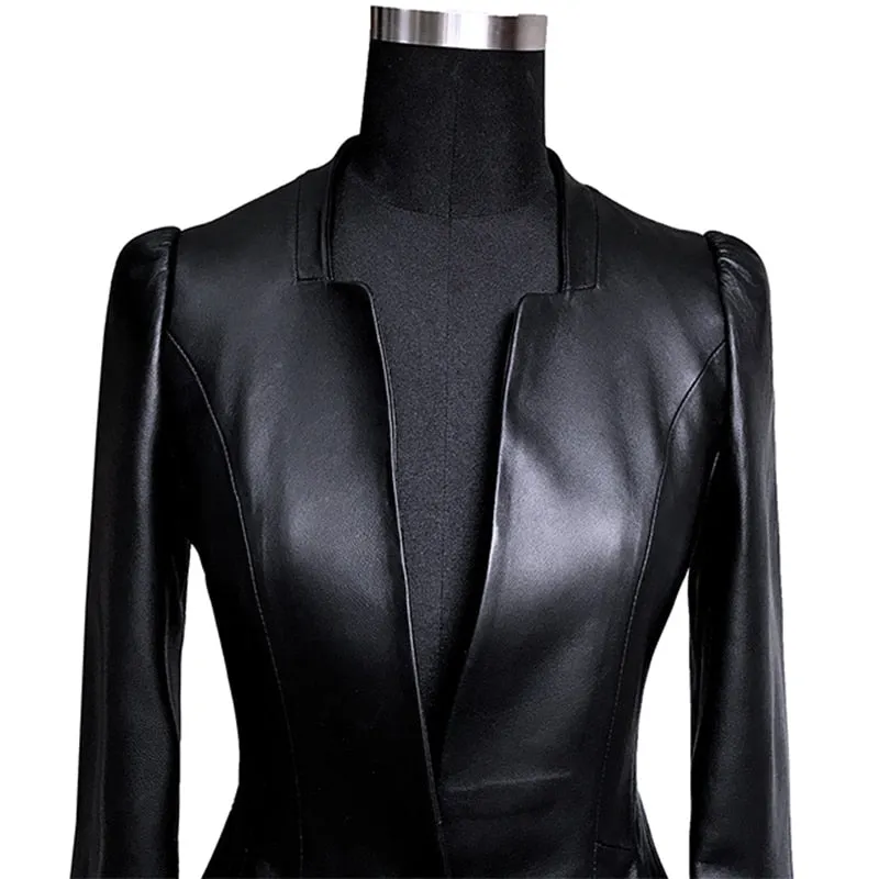 Années 80 Veste de Blazer Peplum Cuir Végétal