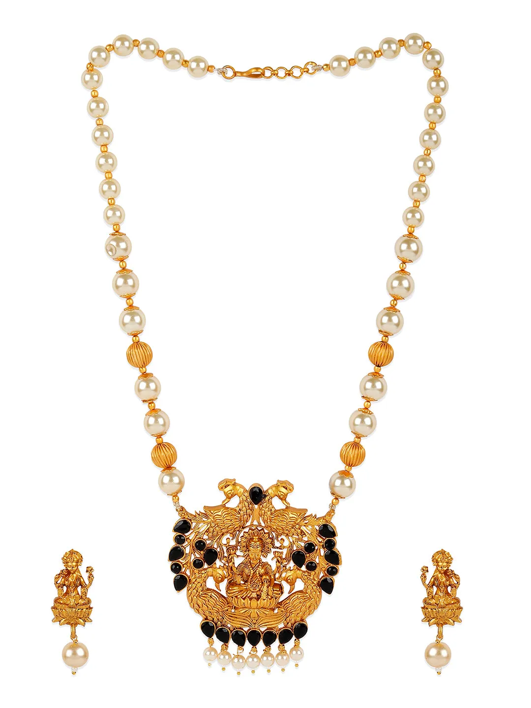 Antique Matte Gold Finish Goddess Laxmi Black Stone Studded Temple Jewellery Set - Anikas Creation