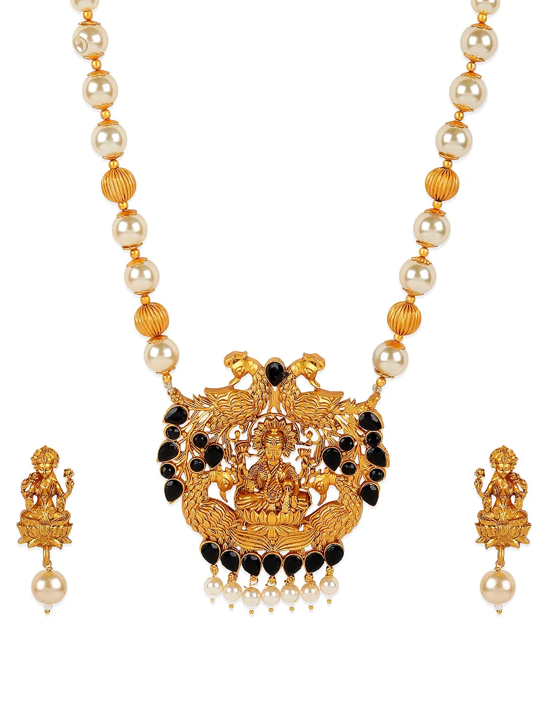 Antique Matte Gold Finish Goddess Laxmi Black Stone Studded Temple Jewellery Set - Anikas Creation