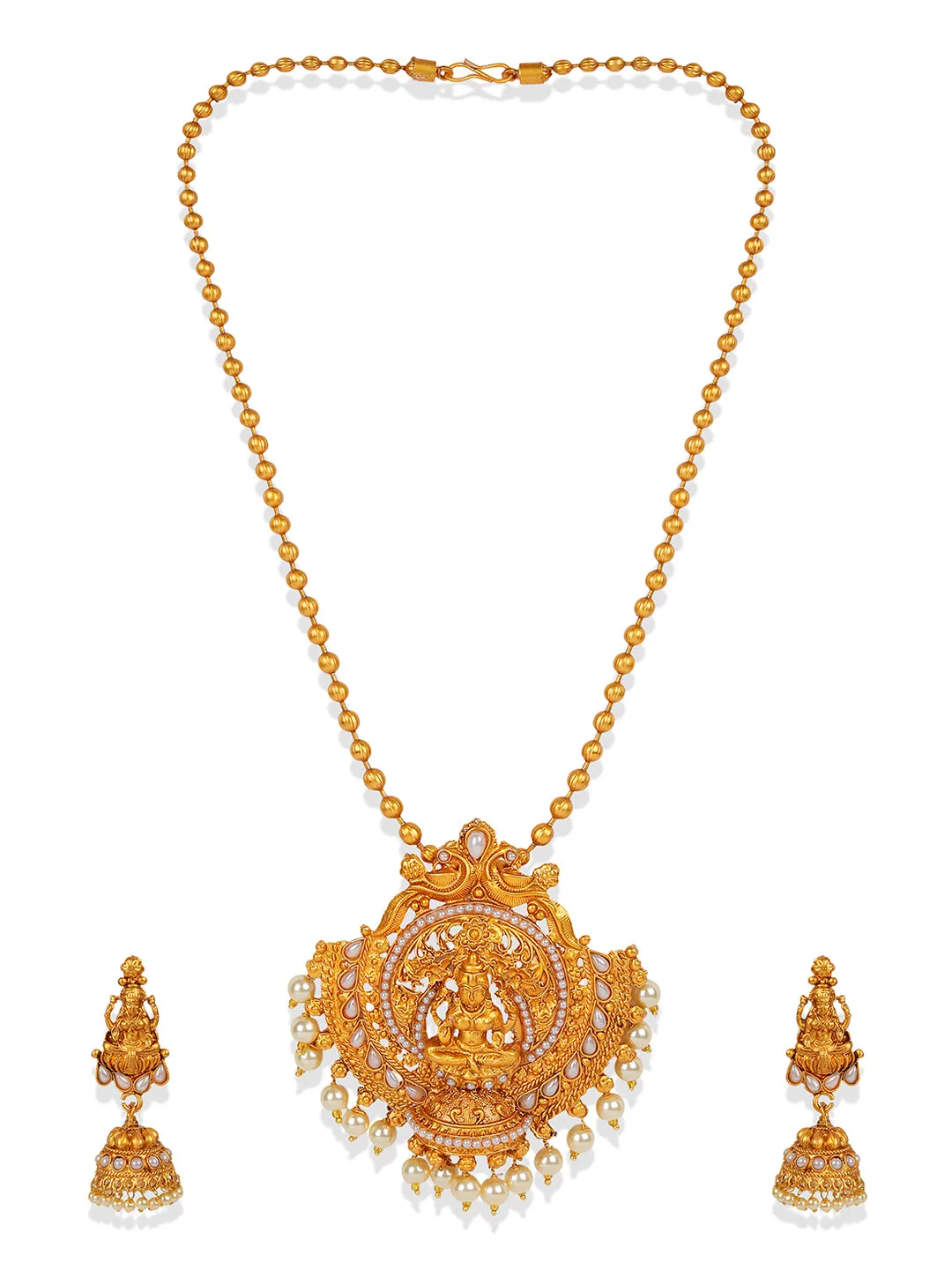 Antique Matte Gold Finish Goddess Laxmi White Stone Studded Temple Jewellery Set - Anikas Creation