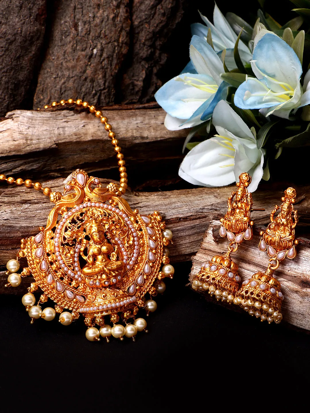 Antique Matte Gold Finish Goddess Laxmi White Stone Studded Temple Jewellery Set - Anikas Creation