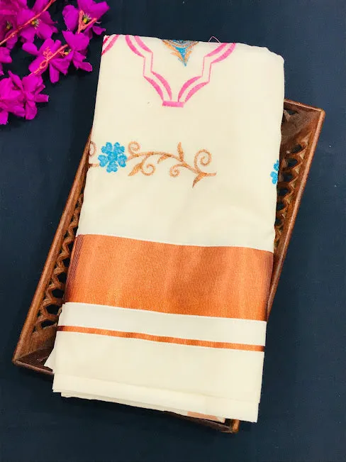 Appealing Kerala Cotton Embroidery Saree And Copper Zari Border