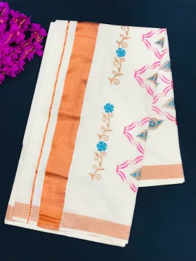 Appealing Kerala Cotton Embroidery Saree And Copper Zari Border