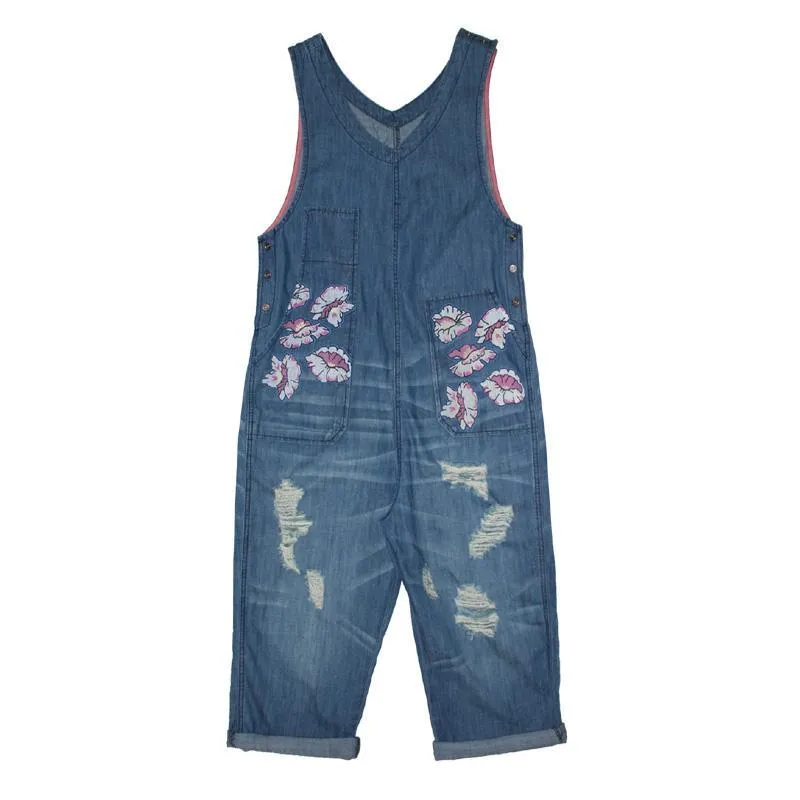 BABAKUD Spring Autumn Denim Loose Printing Sleeveless Jumpsuit