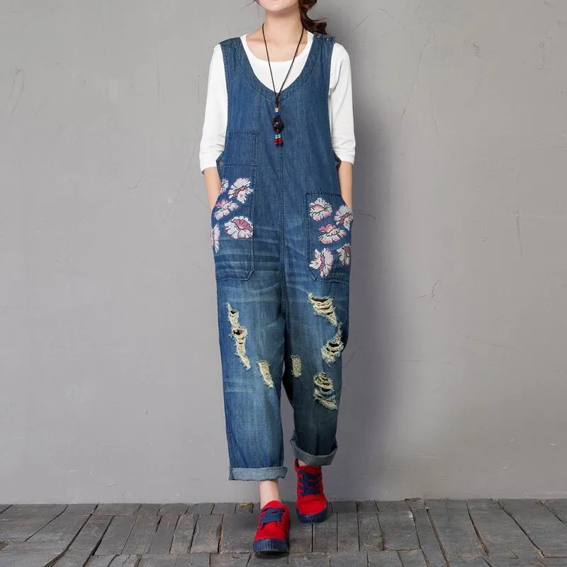 BABAKUD Spring Autumn Denim Loose Printing Sleeveless Jumpsuit