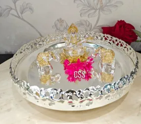 Beautiful Silver Plated Ganesha Idol with Pair of 2 elephant and Flowers in a Silver Tray -CZY001GE