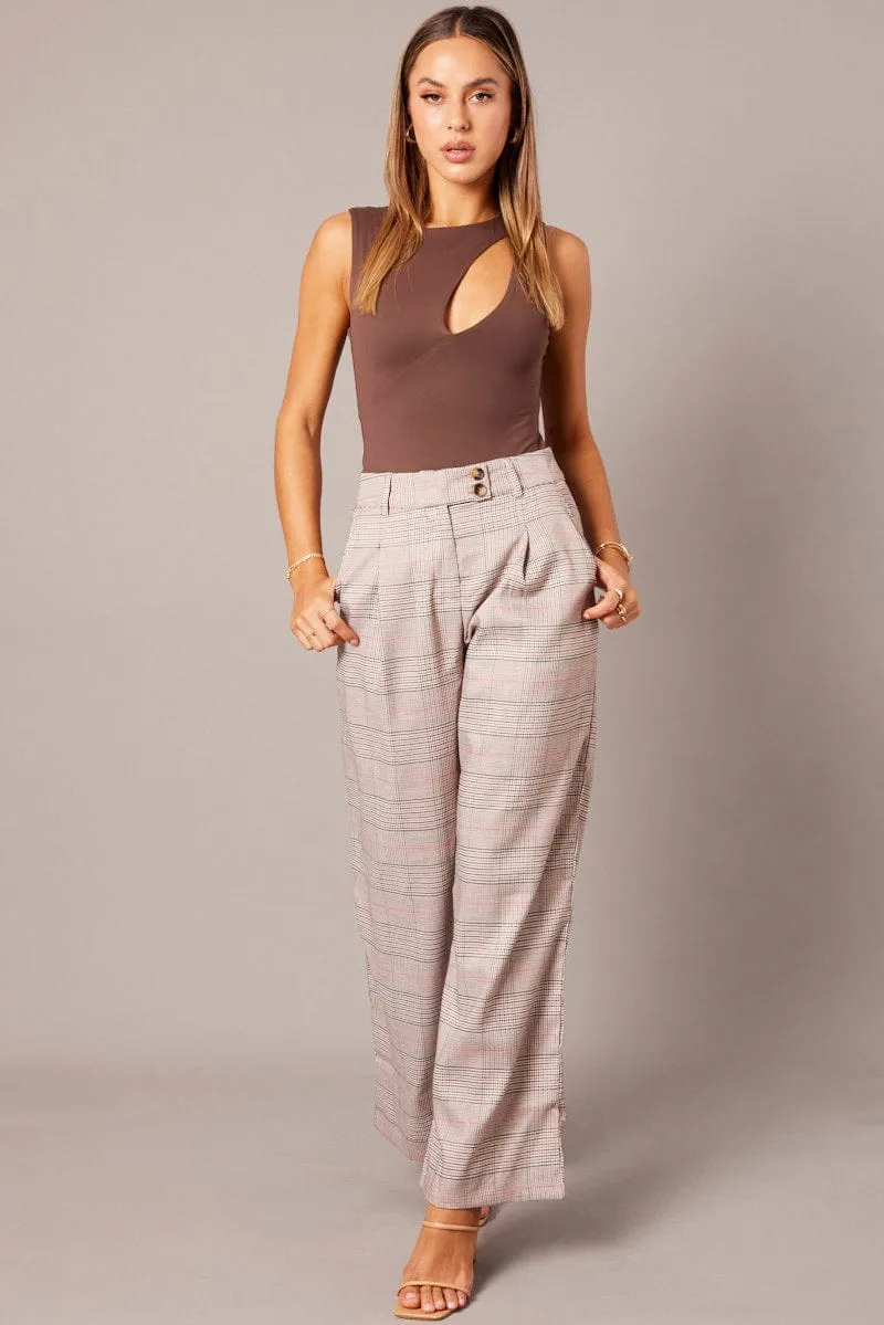 Beige Check Wide Leg Pants Tailored