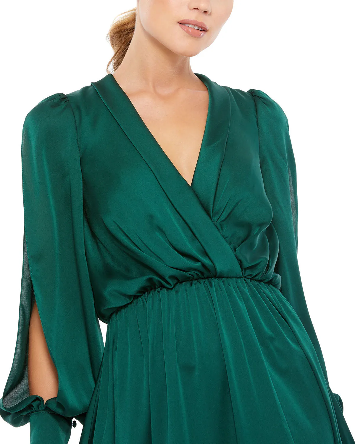 Bishop Sleeve Faux Wrap Gown