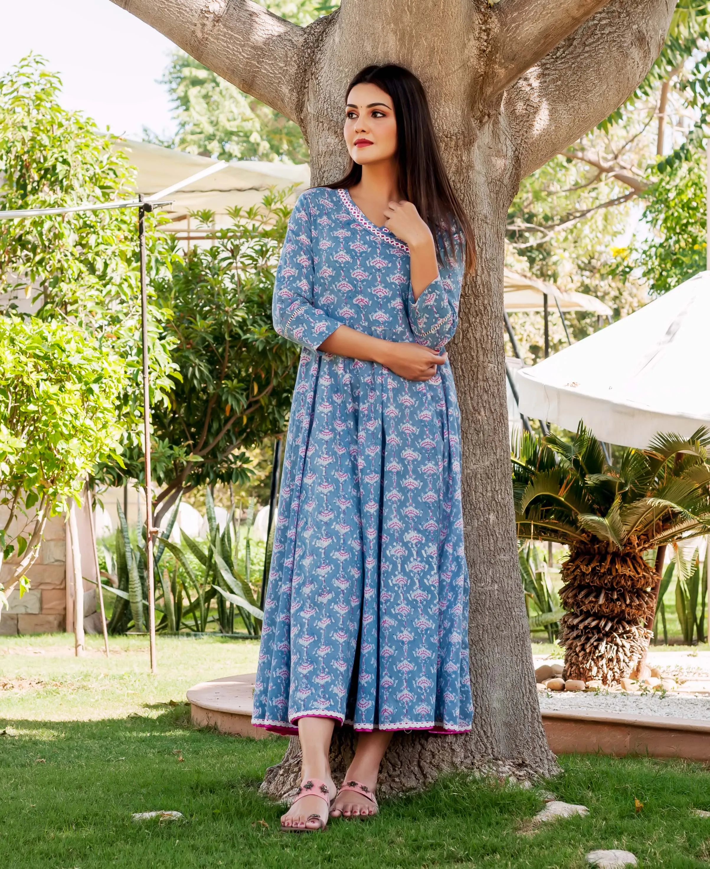 Blue and Pink Hand Block Printed Angrakha Style Kurta