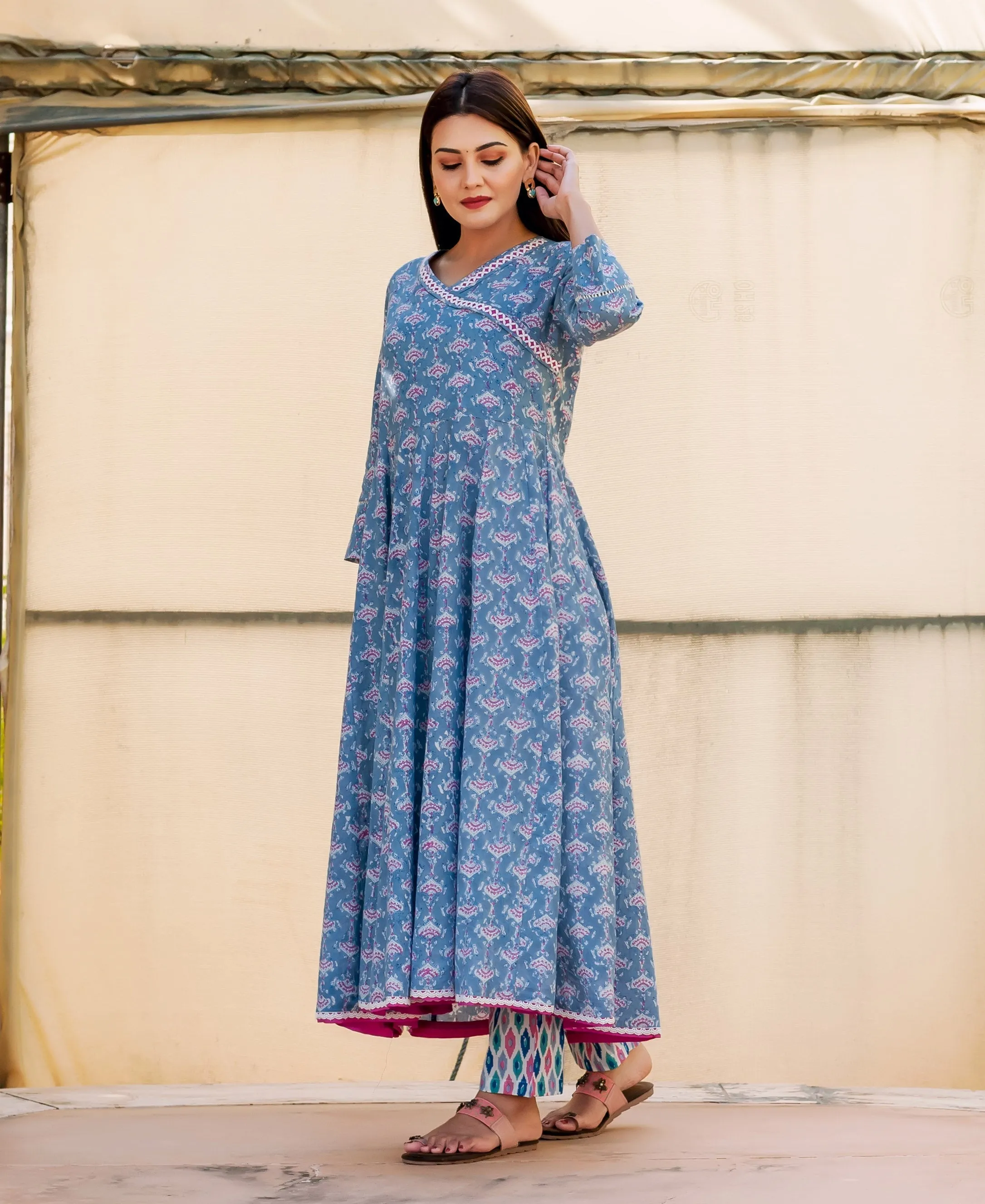 Blue and Pink Hand Block Printed Angrakha Style Kurta