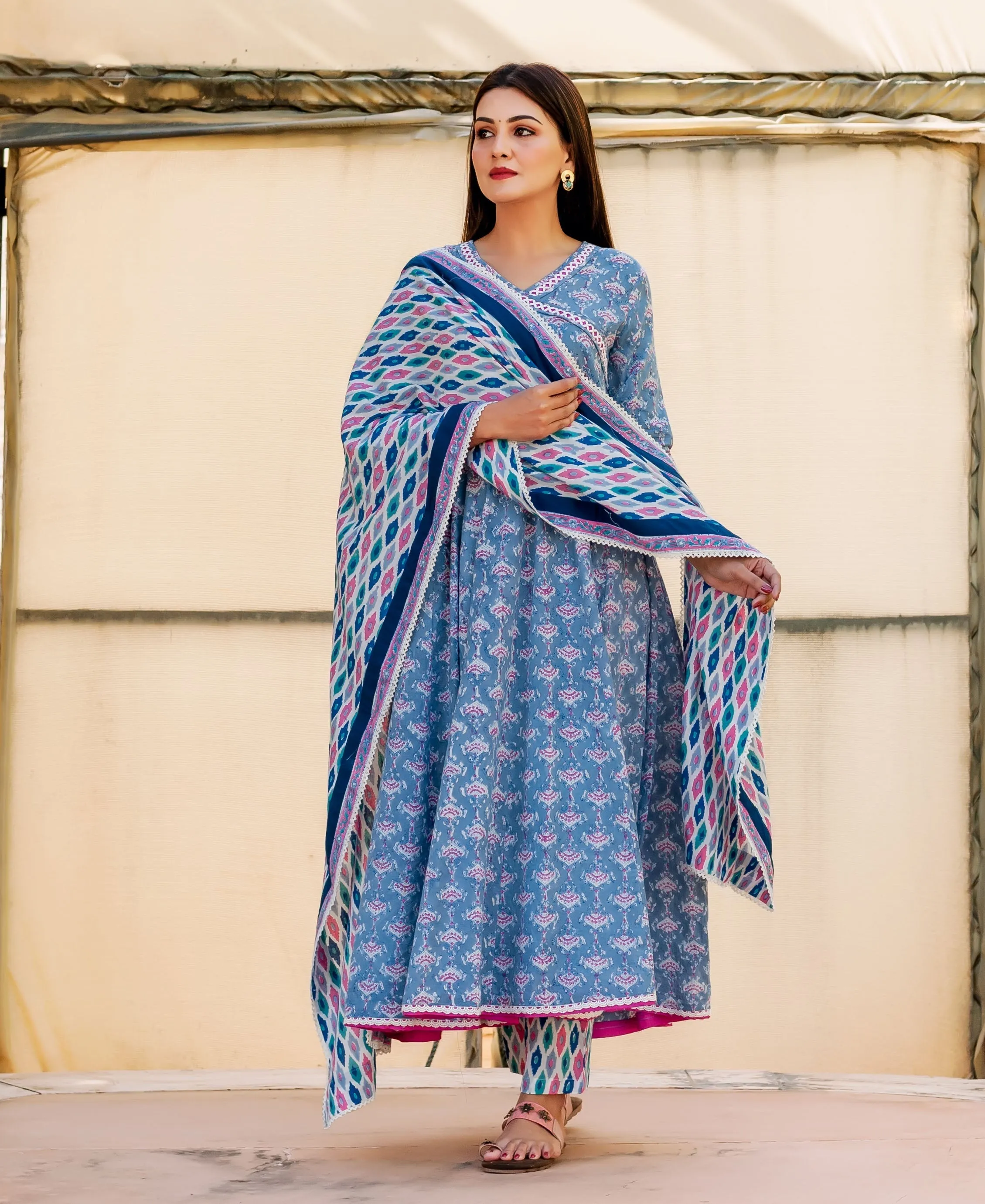 Blue and Pink Hand Block Printed Angrakha Style Kurta