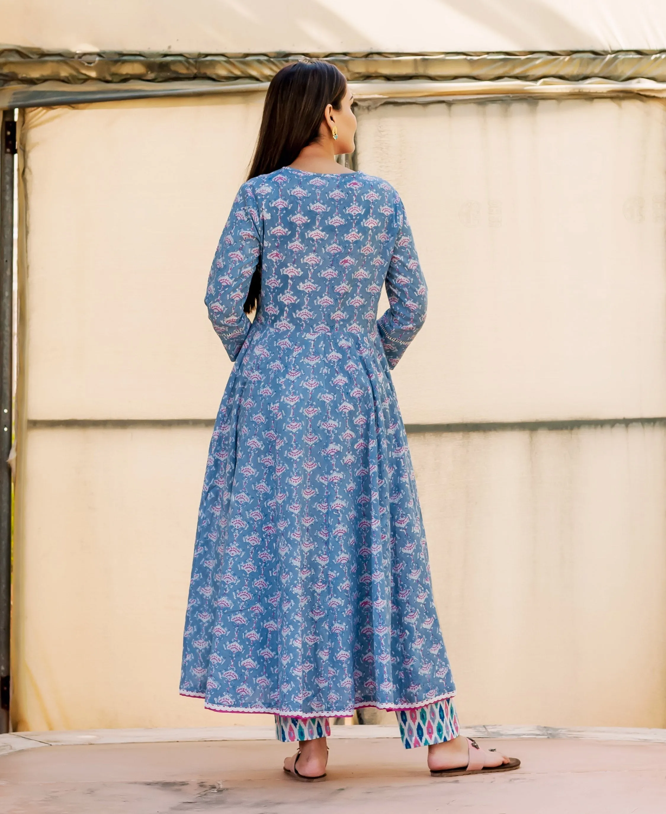 Blue and Pink Hand Block Printed Angrakha Style Kurta