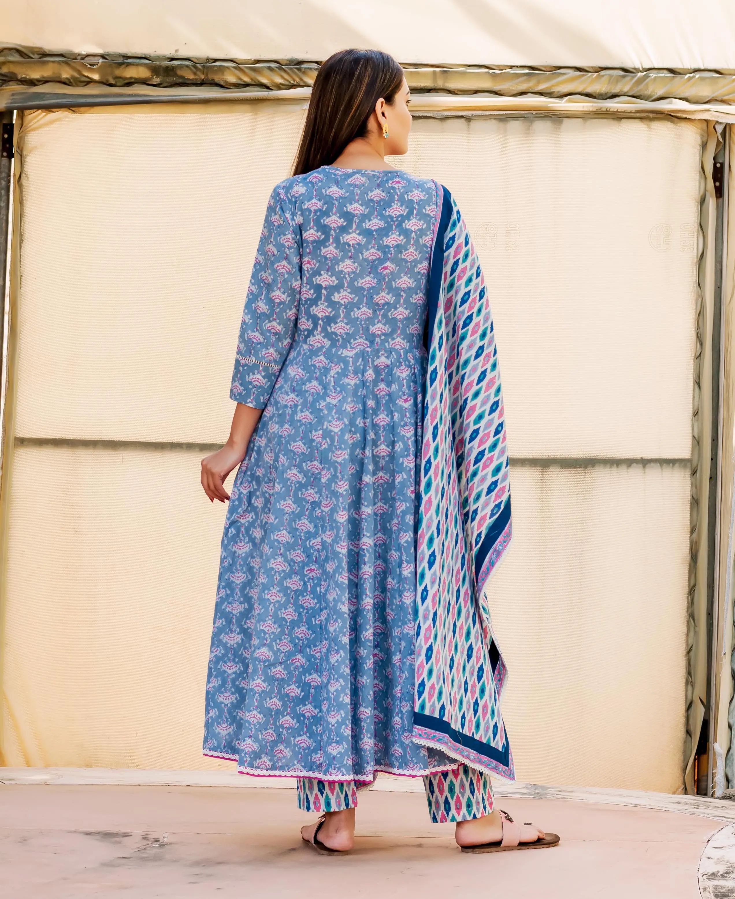 Blue and Pink Hand Block Printed Angrakha Style Kurta