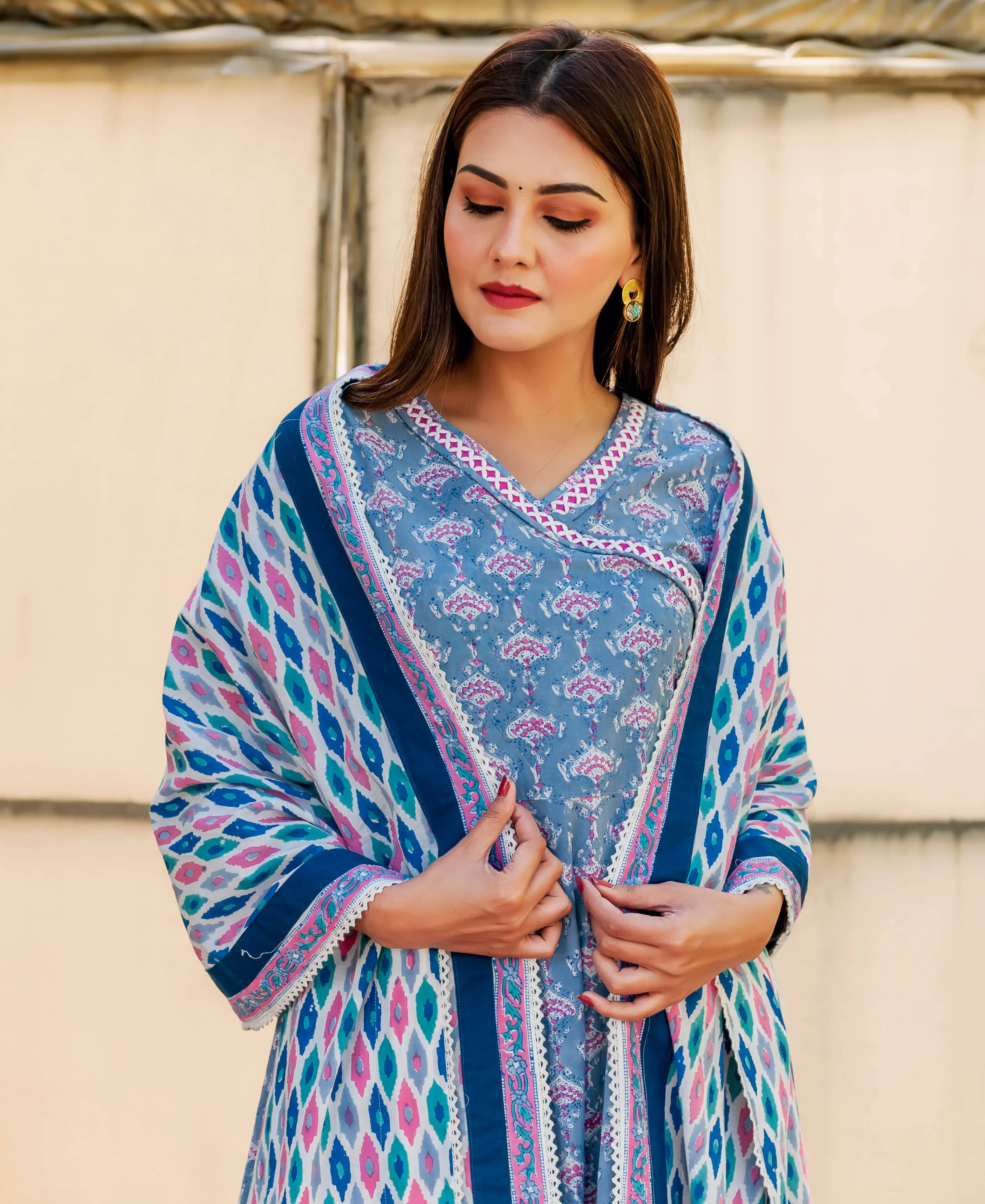 Blue and Pink Hand Block Printed Angrakha Style Kurta