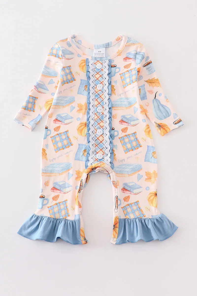 Blue plaid pumpkin print ruffle baby romper