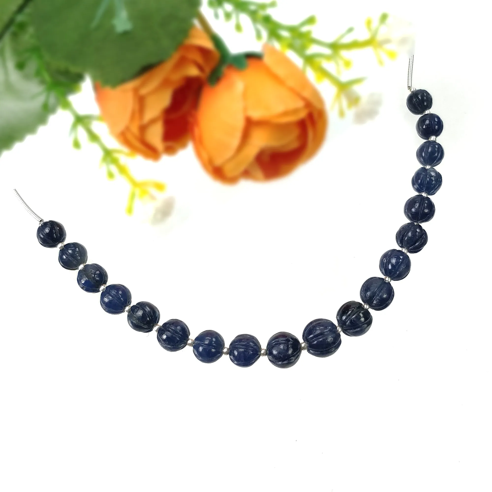 BLUE SAPPHIRE Gemstone Carving Loose Beads: 57.35cts Natural Untreated Sapphire Round Shape Hand Carved Melon Beads 6.5mm - 8mm