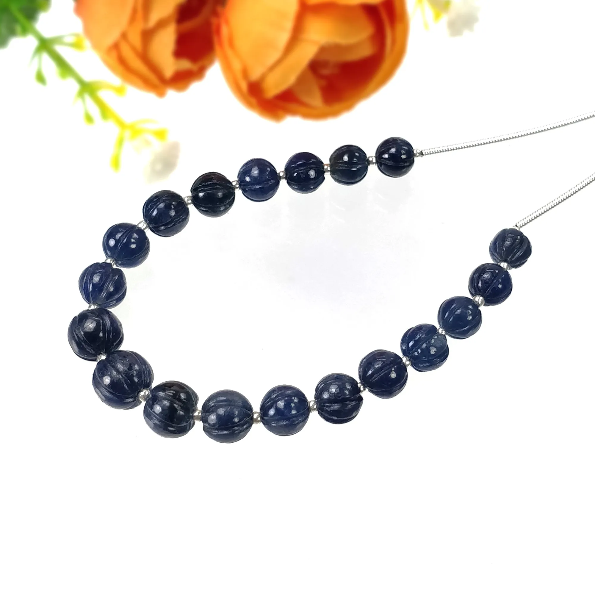 BLUE SAPPHIRE Gemstone Carving Loose Beads: 57.35cts Natural Untreated Sapphire Round Shape Hand Carved Melon Beads 6.5mm - 8mm