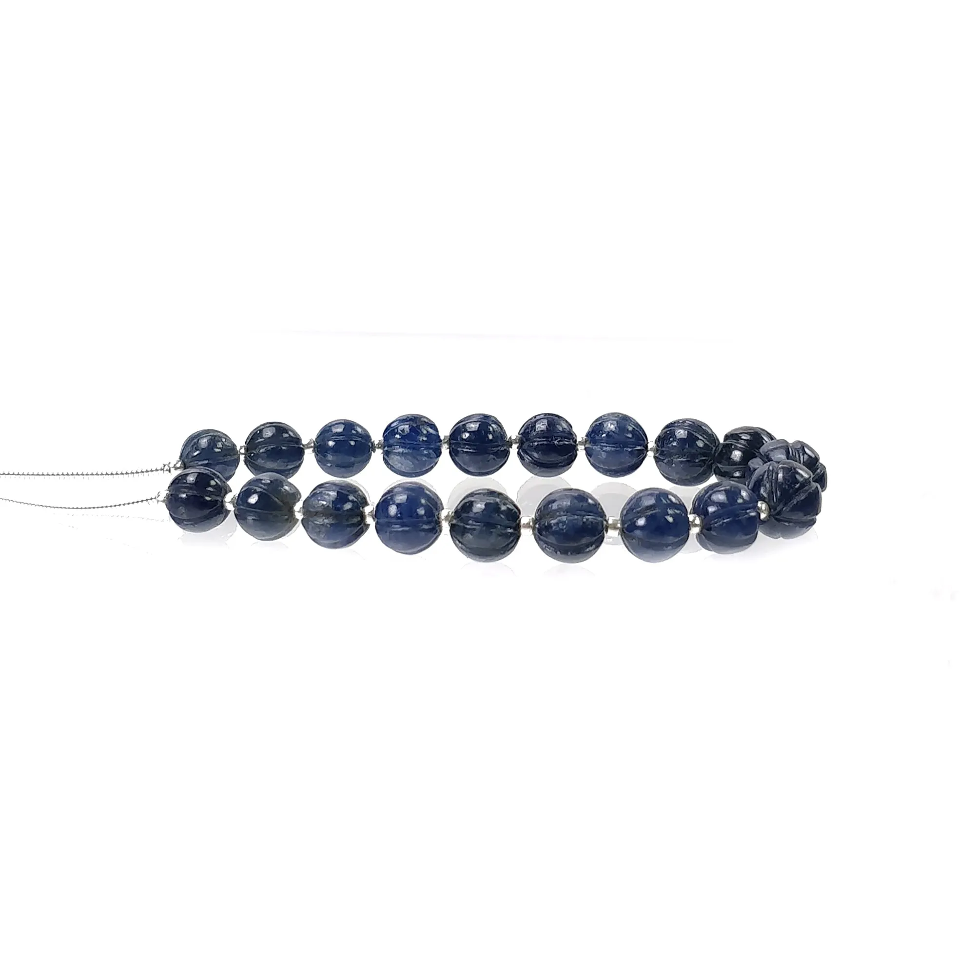 BLUE SAPPHIRE Gemstone Carving Loose Beads: 57.35cts Natural Untreated Sapphire Round Shape Hand Carved Melon Beads 6.5mm - 8mm