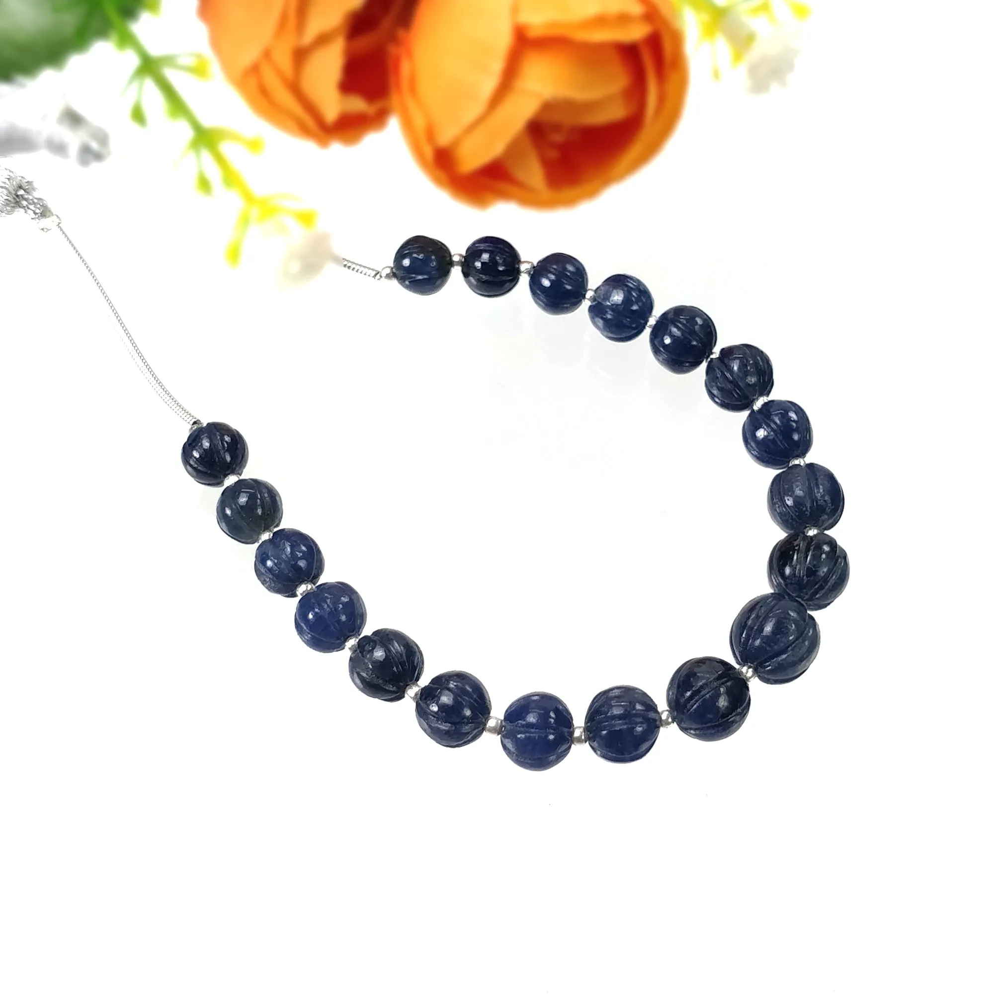 BLUE SAPPHIRE Gemstone Carving Loose Beads: 57.35cts Natural Untreated Sapphire Round Shape Hand Carved Melon Beads 6.5mm - 8mm