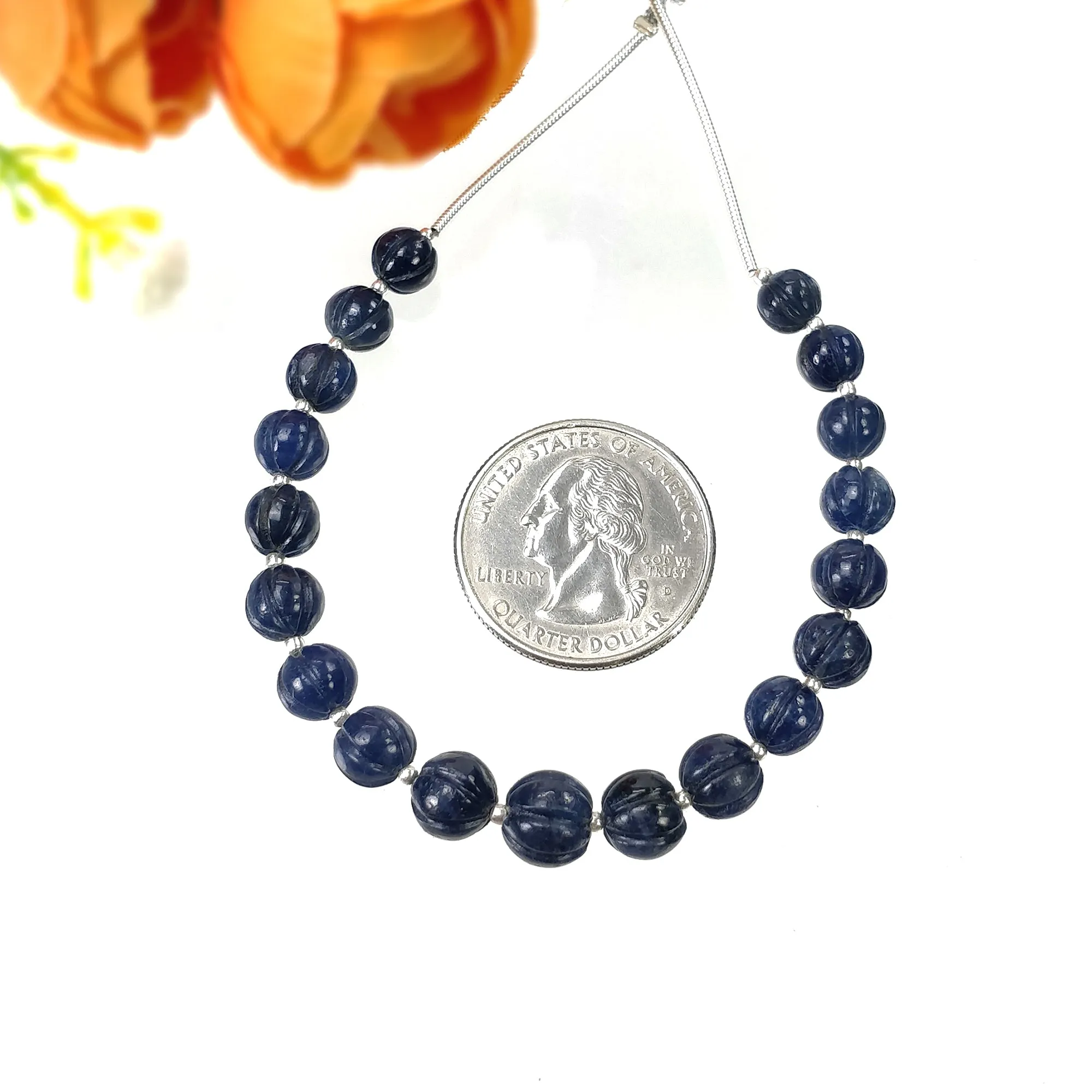 BLUE SAPPHIRE Gemstone Carving Loose Beads: 57.35cts Natural Untreated Sapphire Round Shape Hand Carved Melon Beads 6.5mm - 8mm