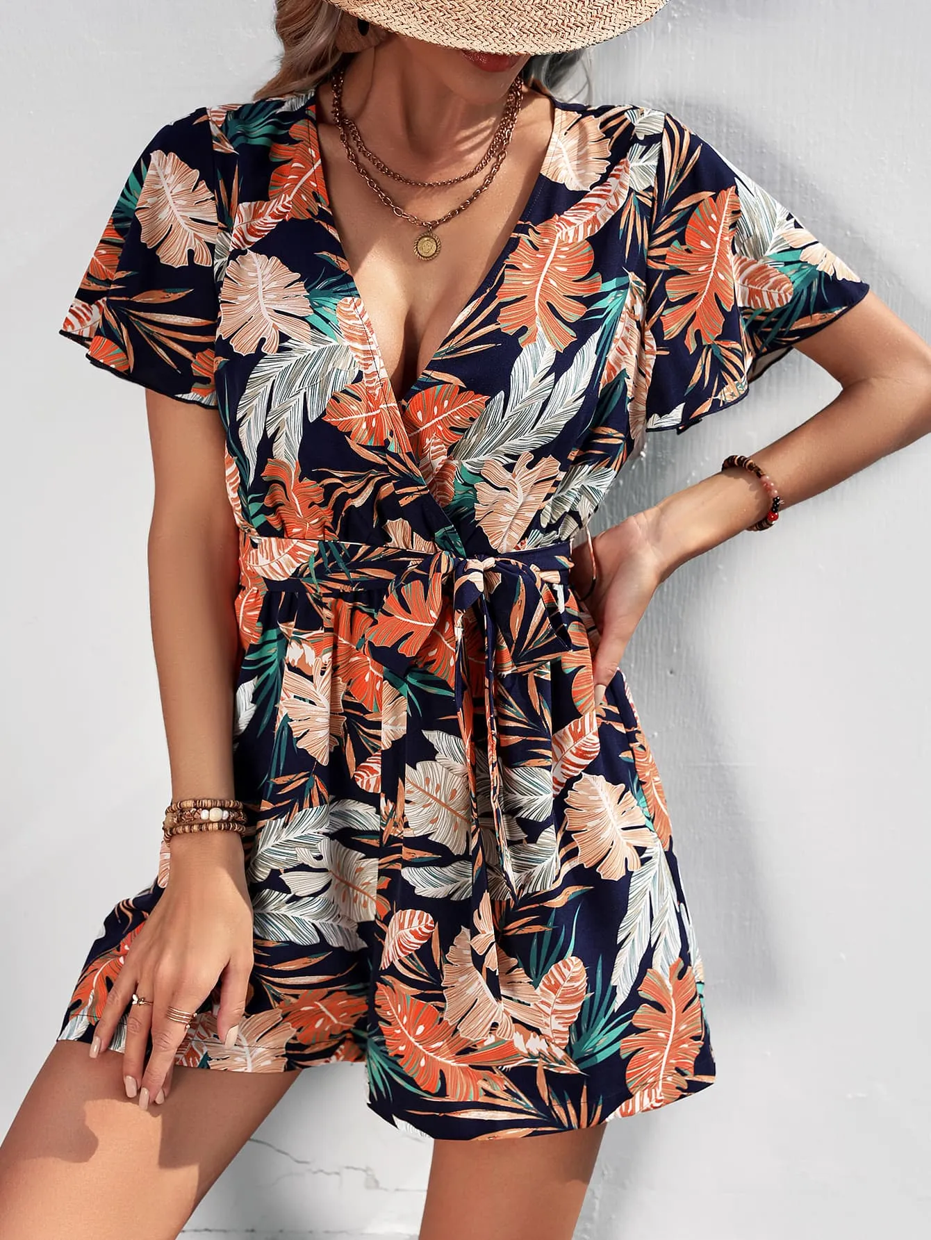 Botanical Print Surplice Neck Tie Waist Romper Playsuit