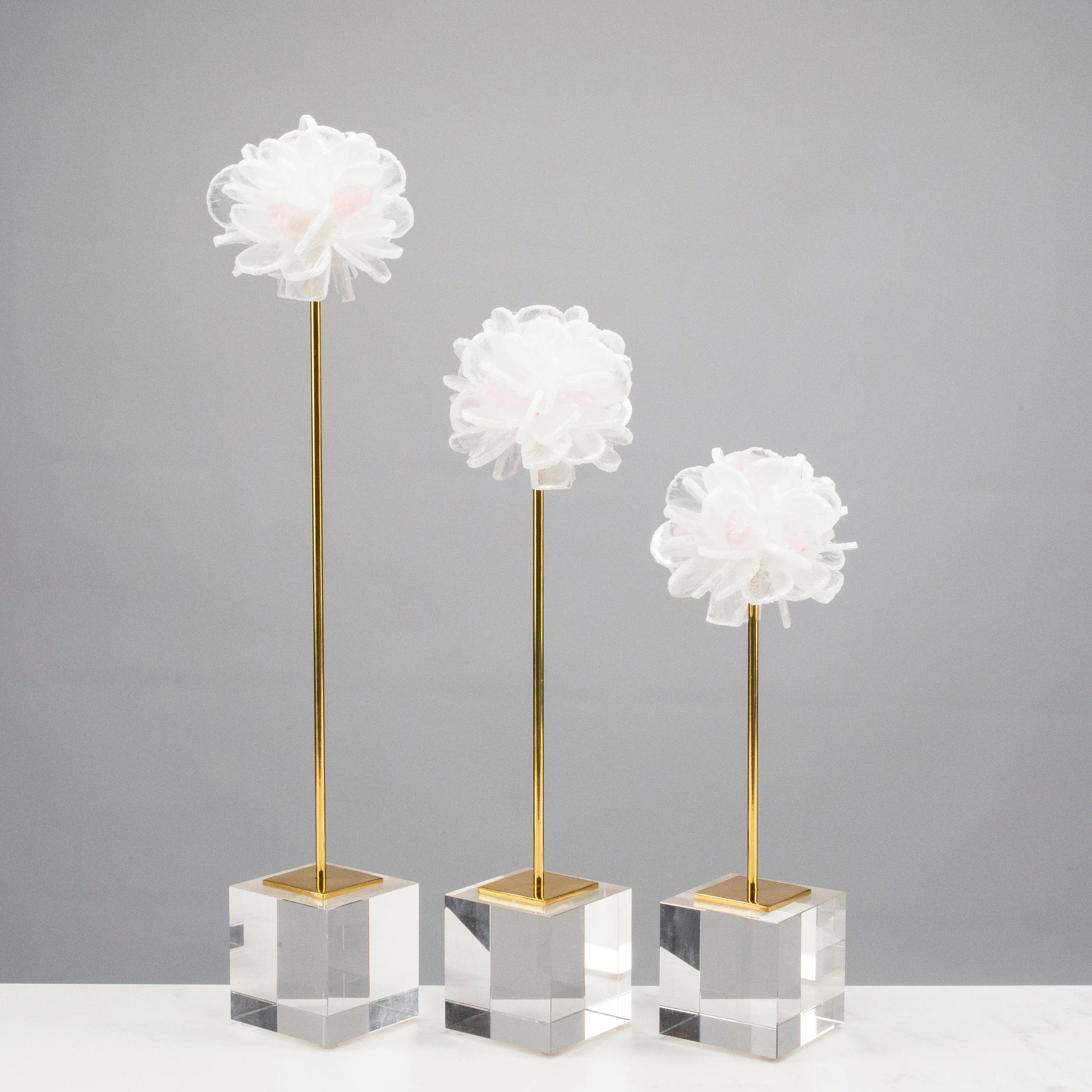 Calcite & Rose Quartz Flower Trio on Brass Stem & Acrylic Base