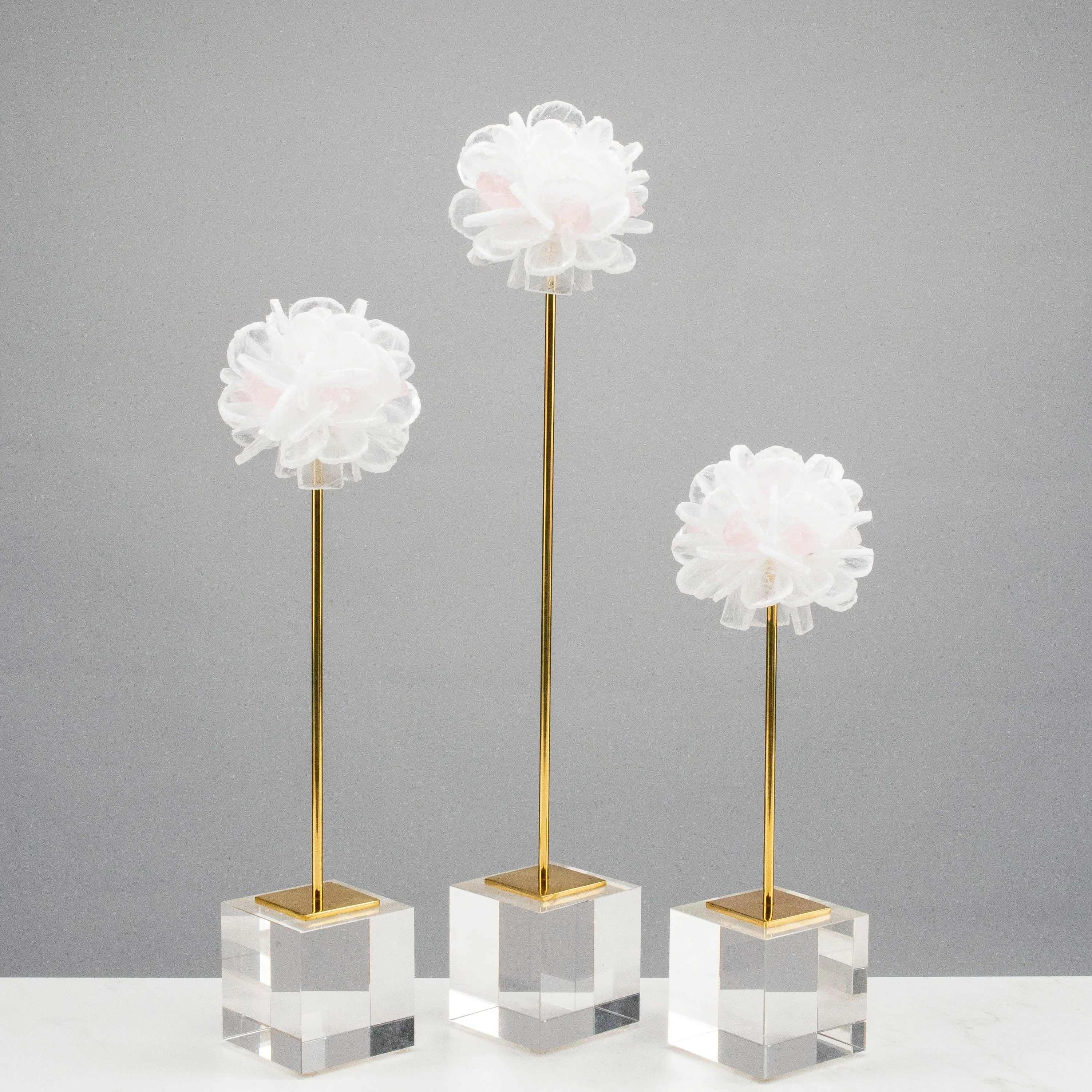 Calcite & Rose Quartz Flower Trio on Brass Stem & Acrylic Base