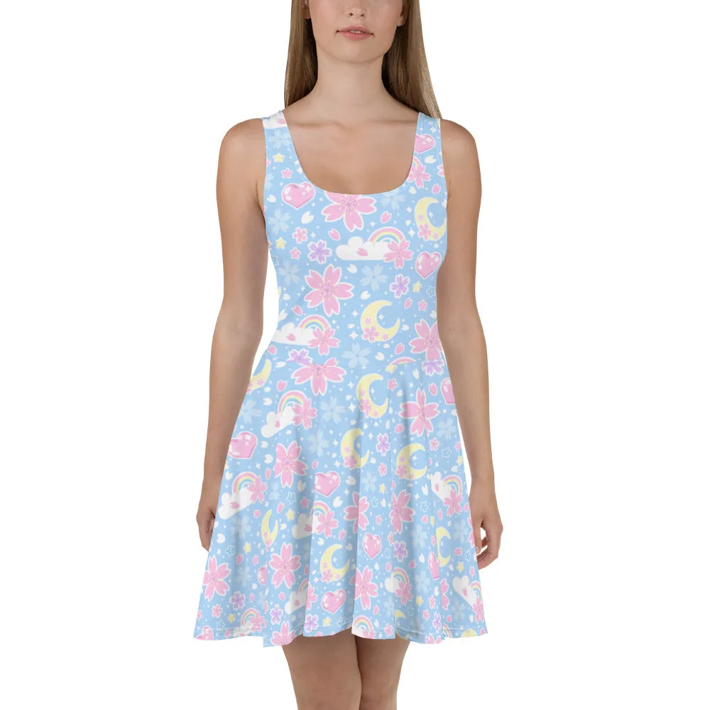 Cherry Blossom Dreams Blue Skater Dress