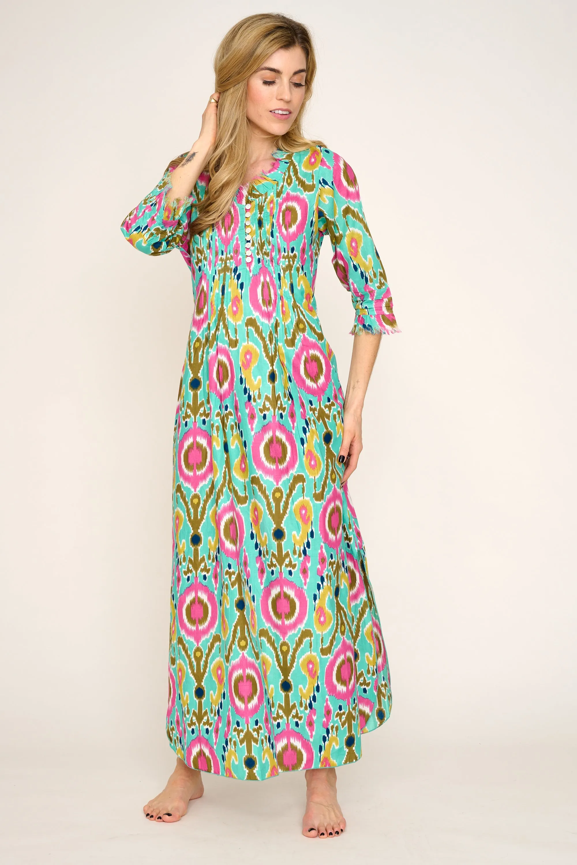 Cotton Annabel Maxi Dress in Turquoise Multi Ikat